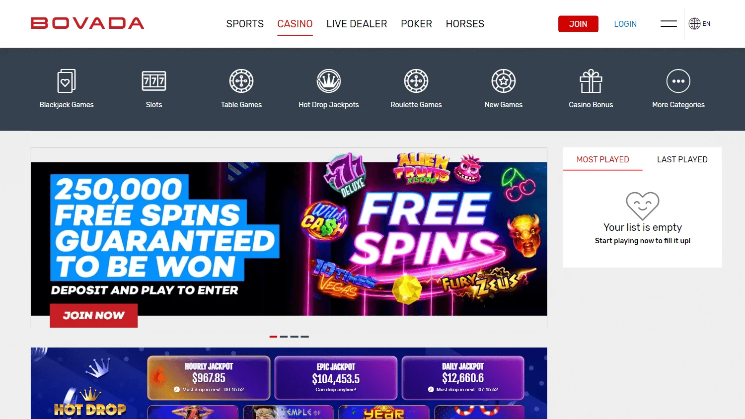 Bovada Casino desktop games selection with pokies and casino categories