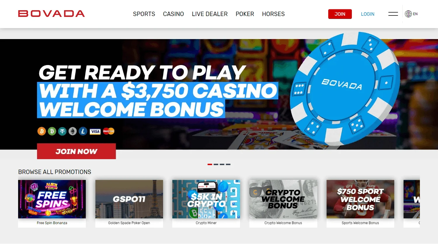 Bovada Casino desktop promotions showing bonus and rewards offers