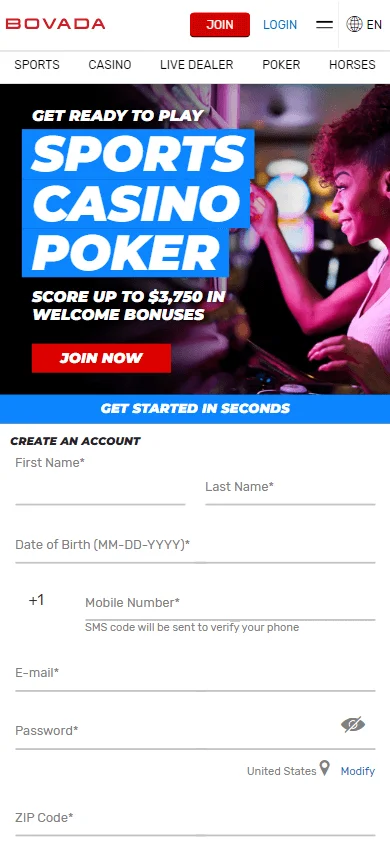 Bovada Casino mobile browser home screen