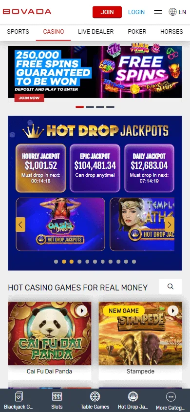 Bovada Casino mobile browser games selection